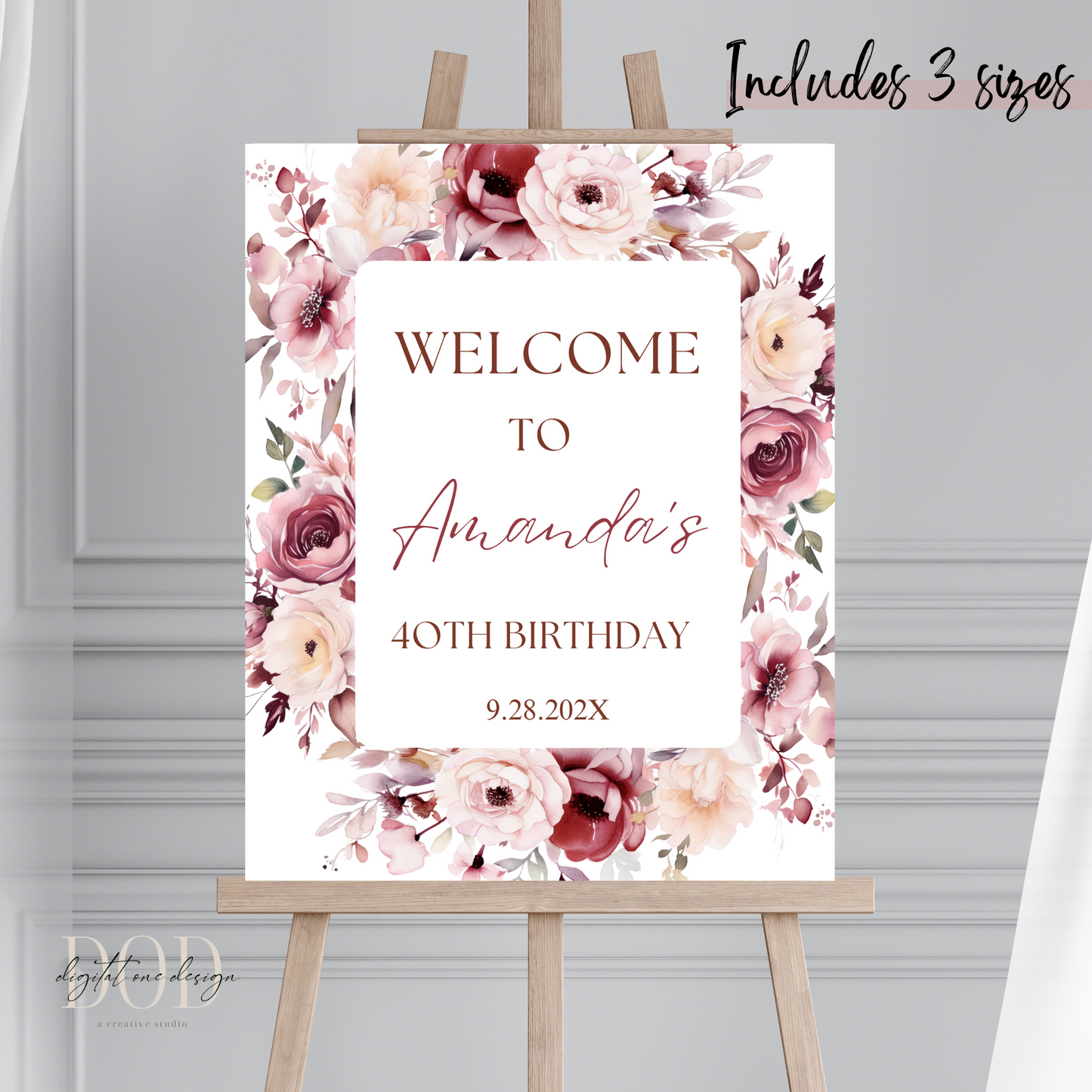 Burgundy & Blush Pink Birthday Party Entrance Sign featuring floral design for Amanda's 40th birthday celebration.