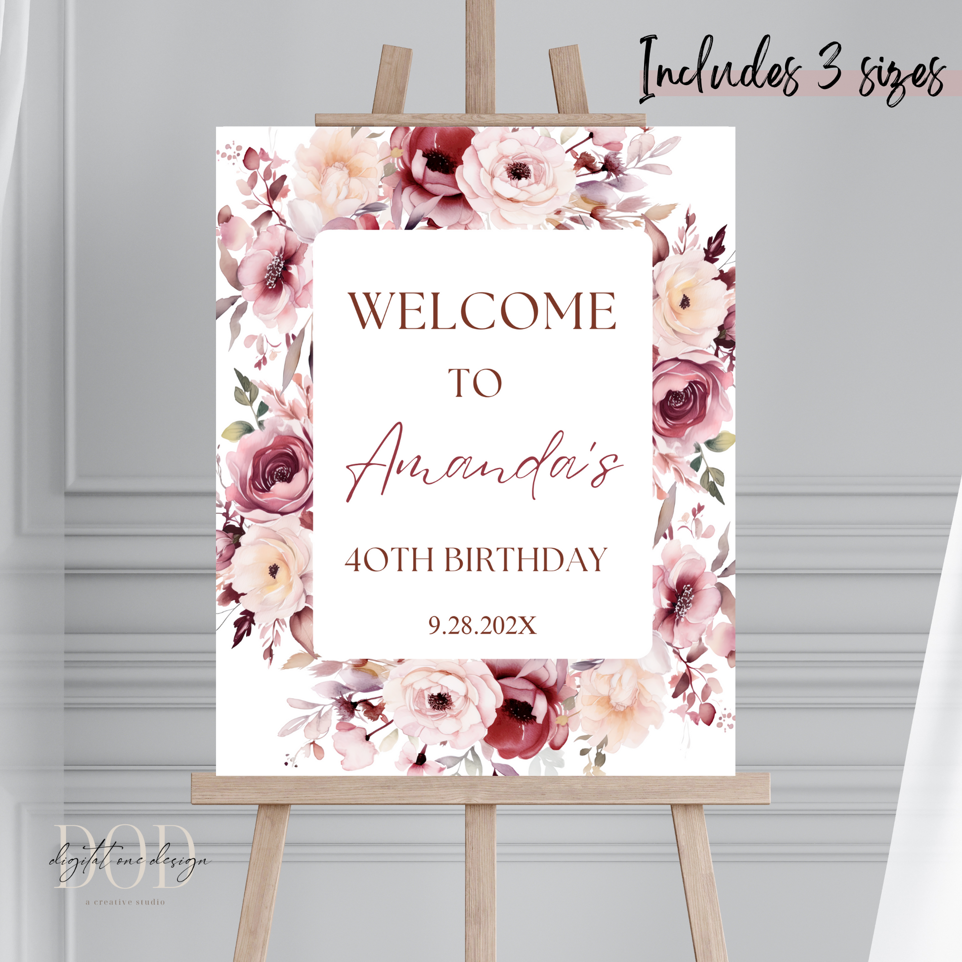 Burgundy & Blush Pink Birthday Party Entrance Sign featuring floral design for Amanda's 40th birthday celebration.