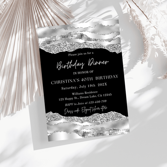 Silver & Black Birthday Party Invitation