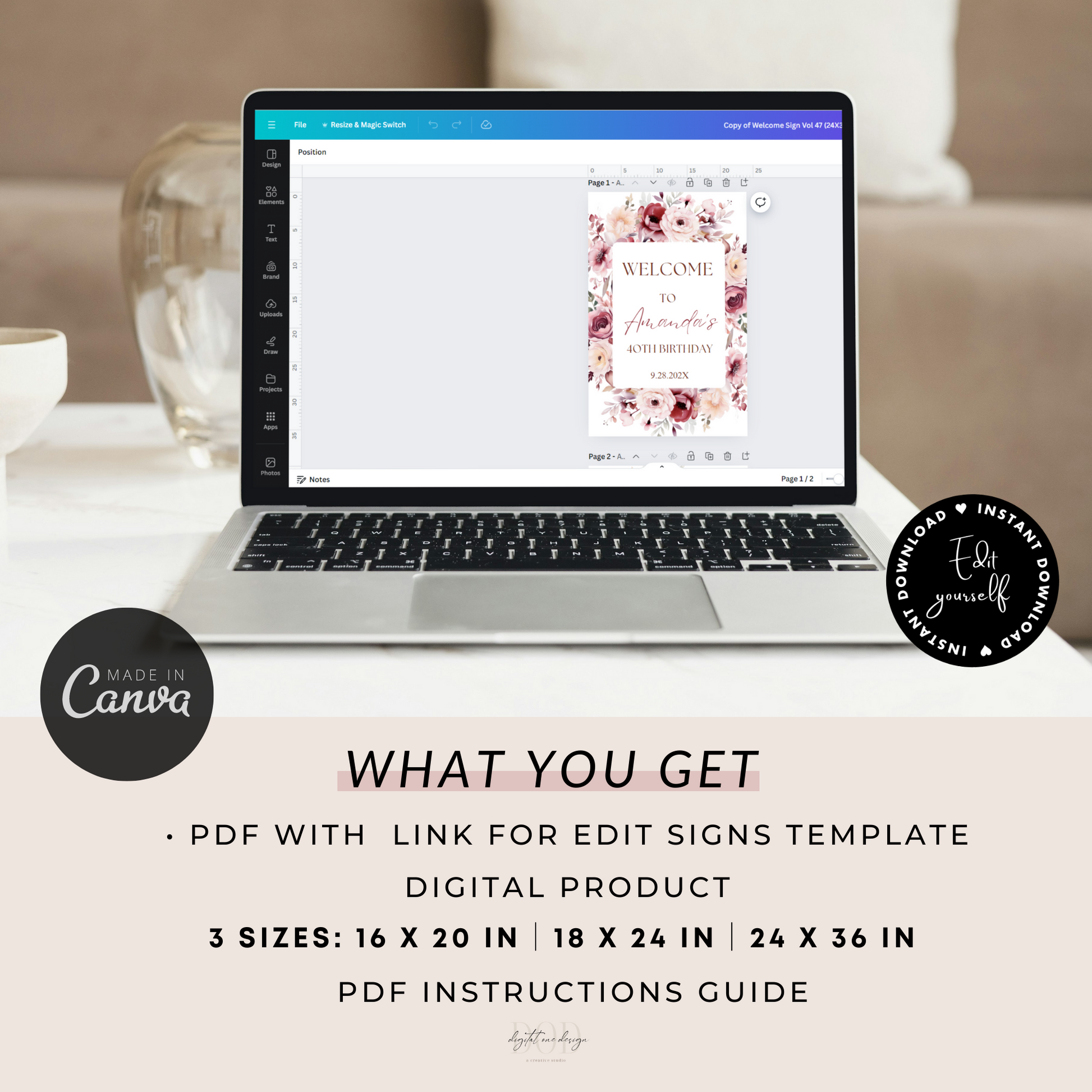 Burgundy & Blush Pink Birthday Party Entrance Sign Canva template displayed on laptop with PDF instruction details.