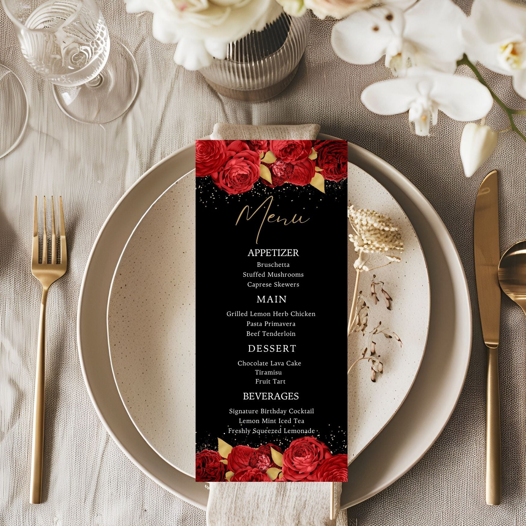 Editable Red Gold Floral Menu Card Template