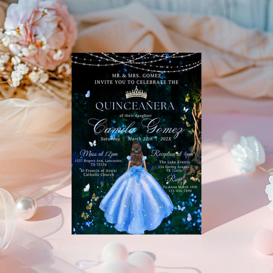 Quinceanera invitation card with blue dress design on a decorative background