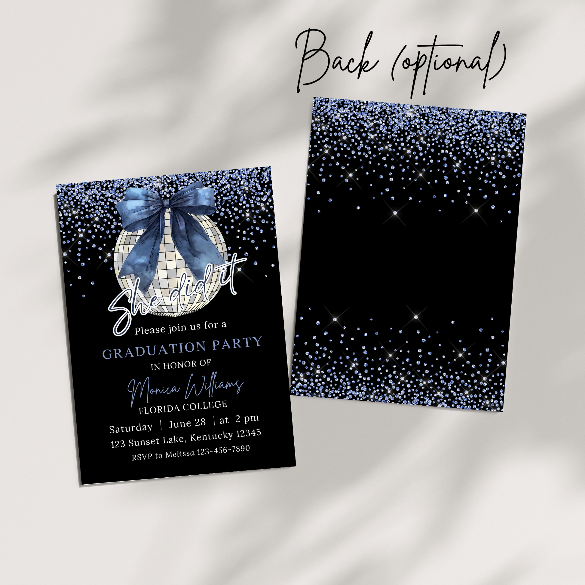 Printable Blue Glitter Disco party Graduation Invitation