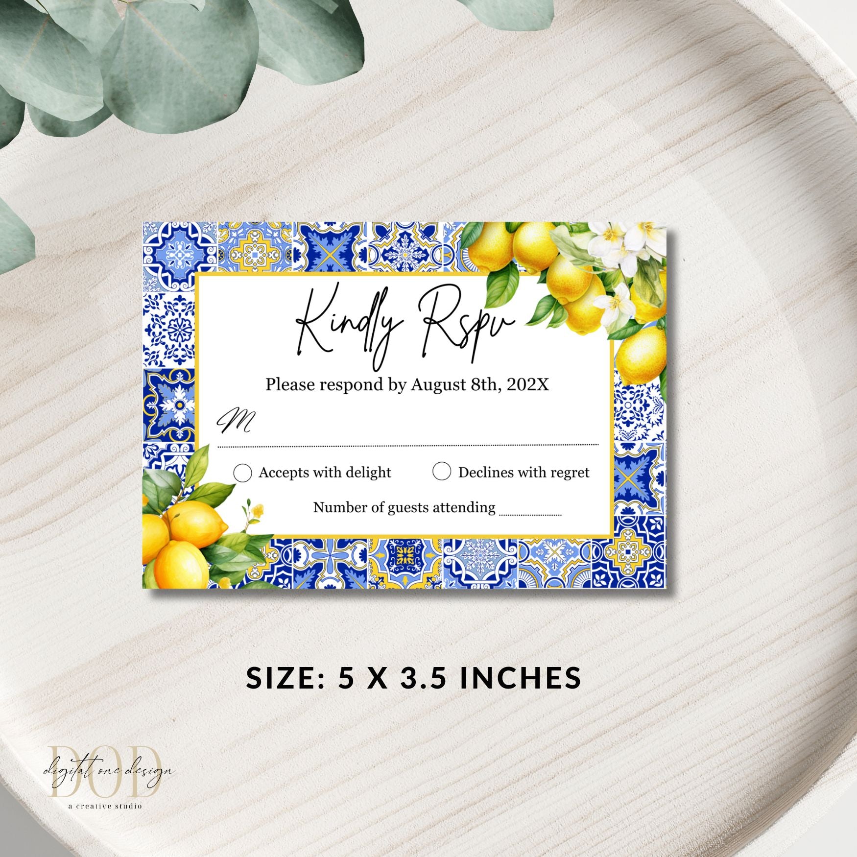 Response card with Blue tile and lemon design and blue pattern on a white background