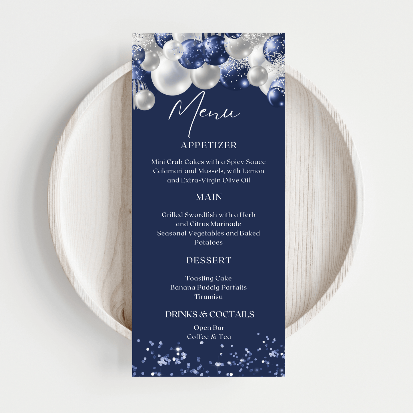 Navy Blue Silver Balloons Menu Card Template