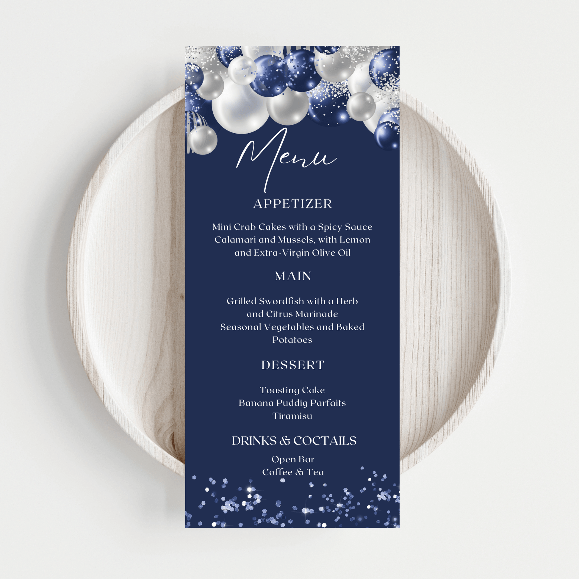 Navy Blue Silver Balloons Menu Card Template
