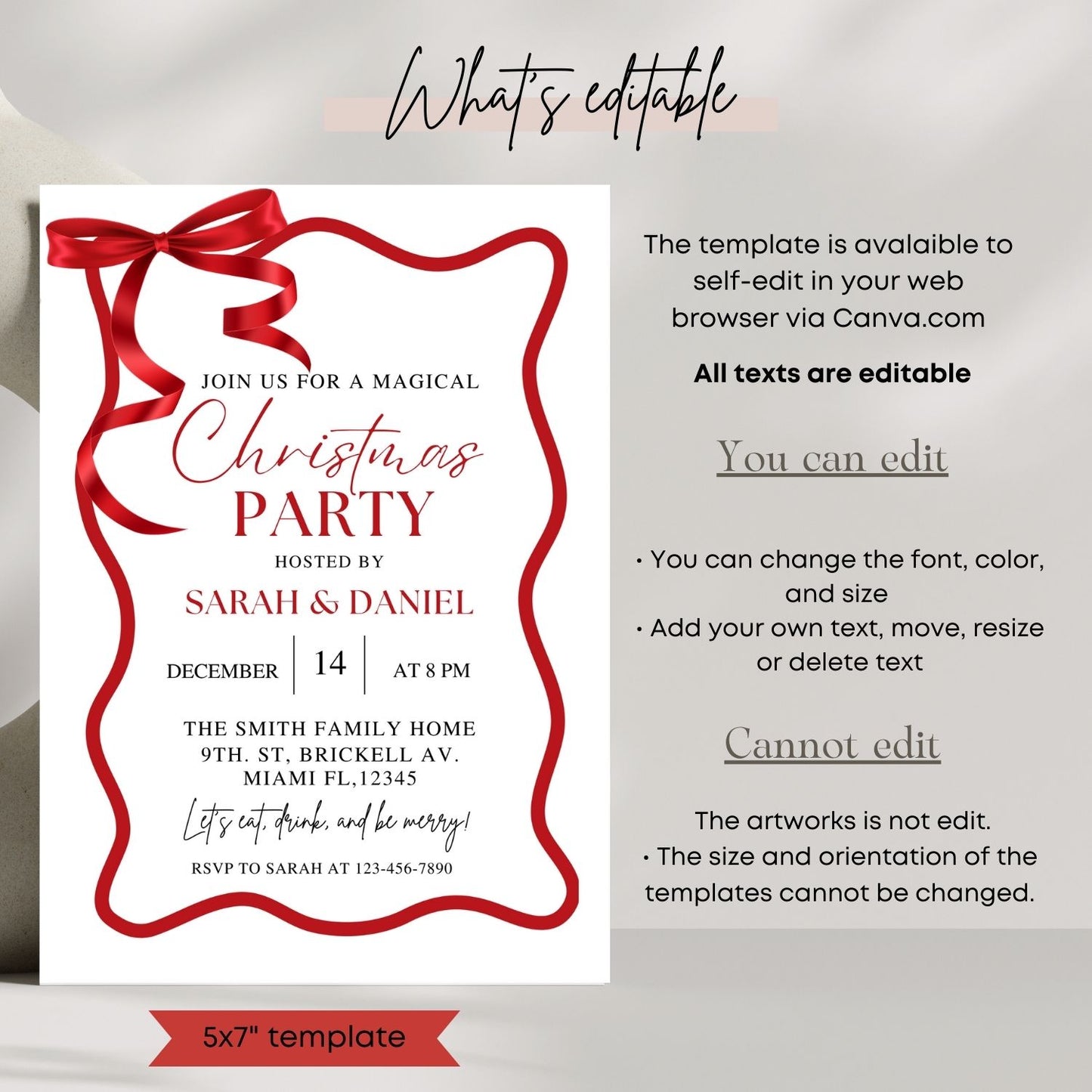 Red Wave Christmas party invitation template with red ribbon and editable text on a white background