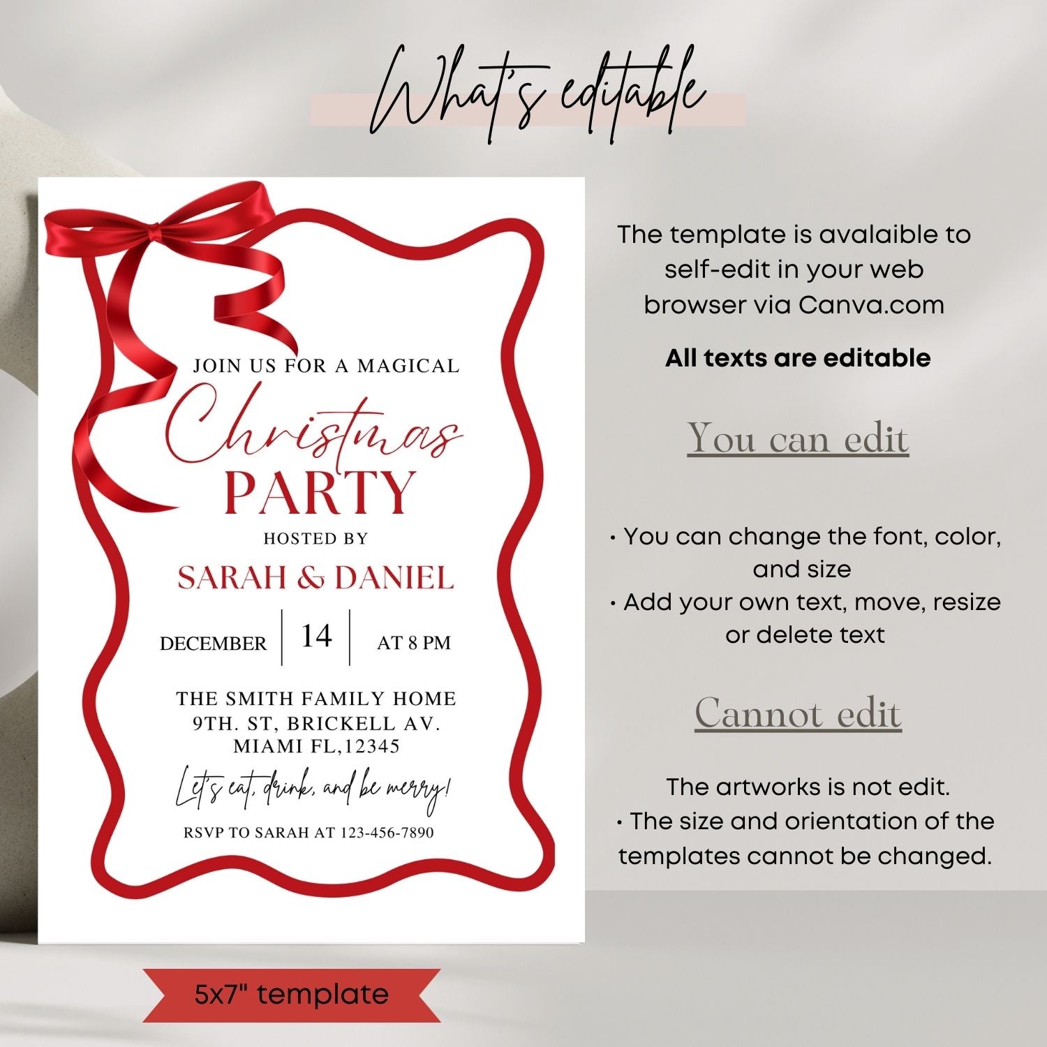 Red Wave Christmas party invitation template with red ribbon and editable text on a white background