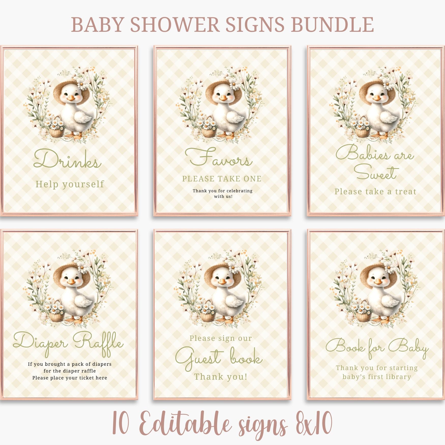 Baby shower signs bundle with cute illustrations and text on a checkered background