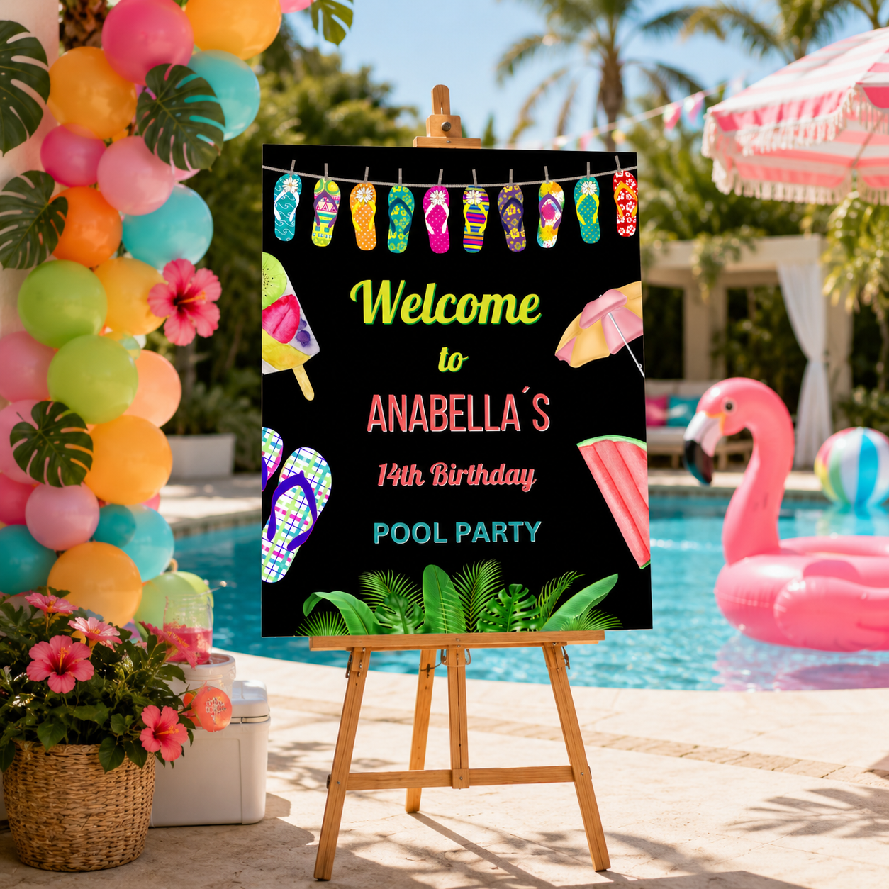 Colorful Flip Flops Pool Party Welcome Sign Template for Anabella's 14th birthday pool party celebration.