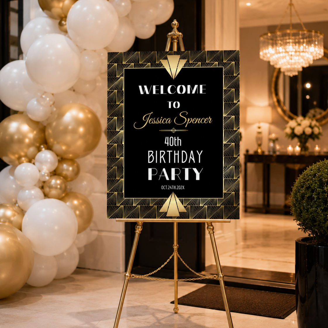 Black and Gold Gatsby Birthday Party Welcome Sign at 40th birthday celebration with elegant decor.