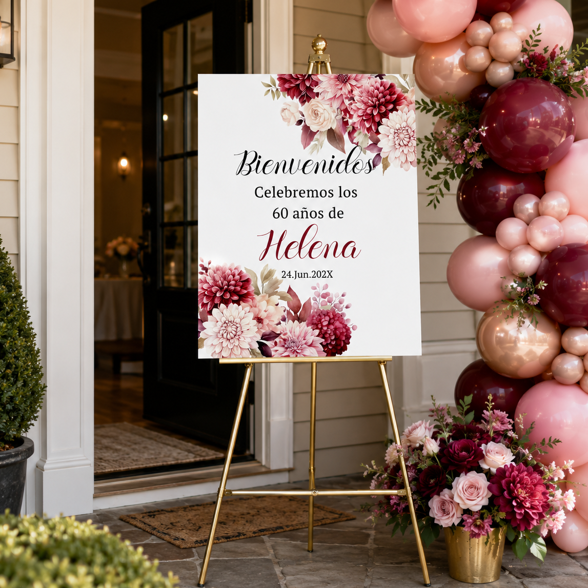 Burgundy Pink Floral Spanish Birthday Welcome Sign Template