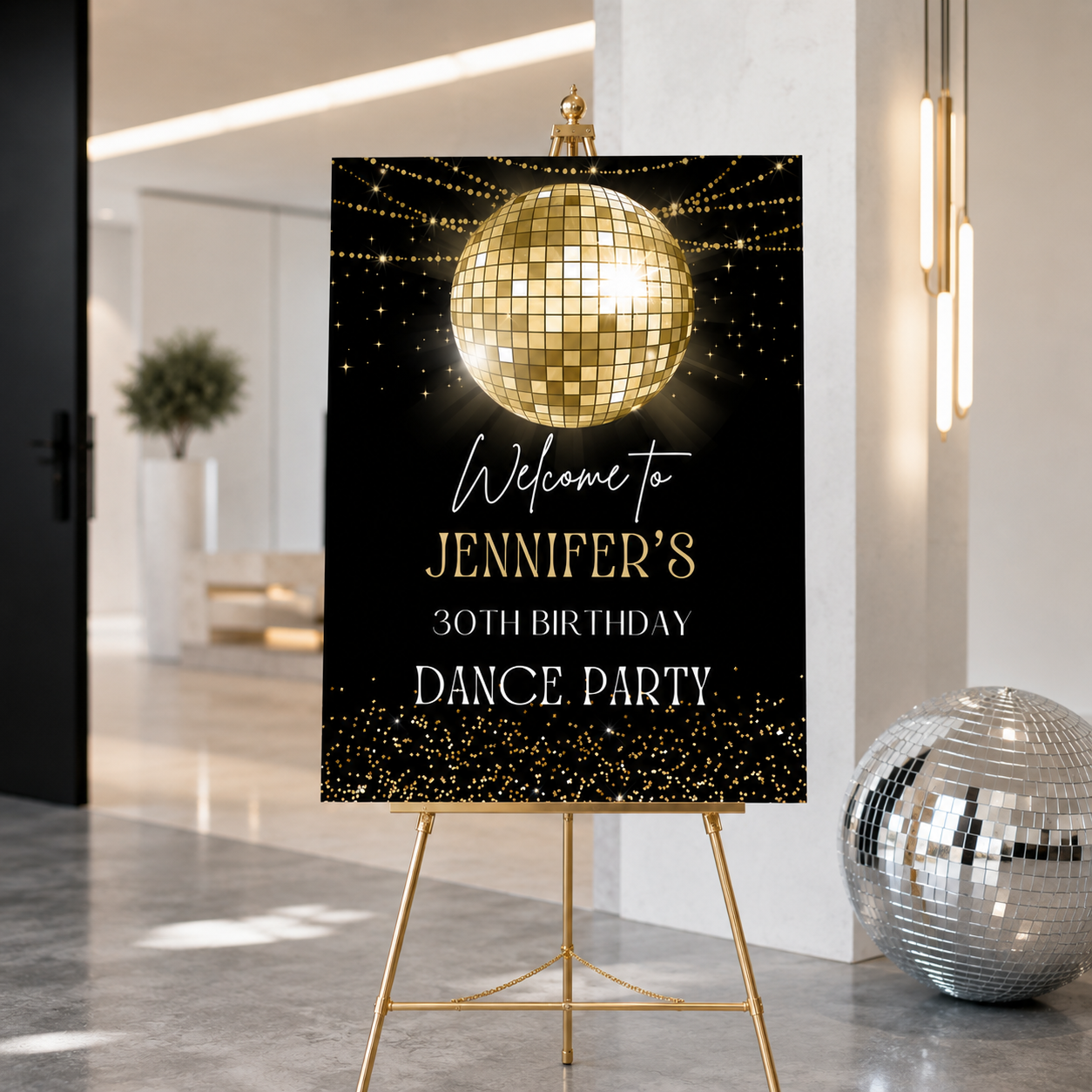 Modern Gold Disco Ball Birthday Party Welcome Sign displayed at Jennifer's 30th birthday dance party decoration