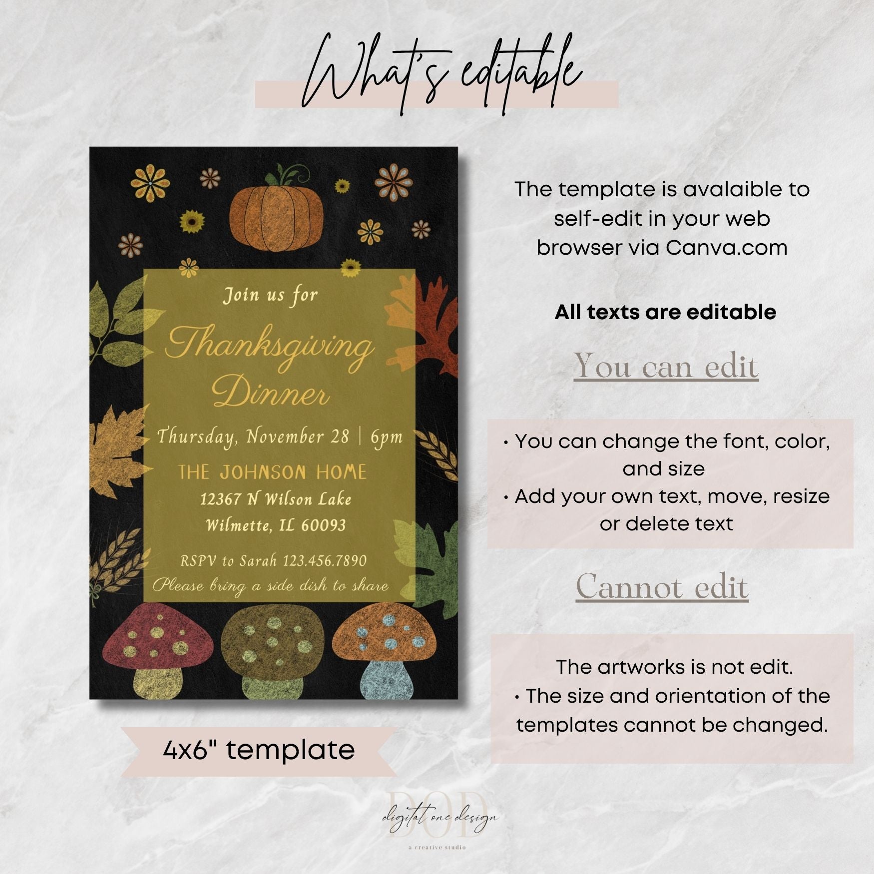 Thanksgiving dinner invitation template with editable text on a light gray background