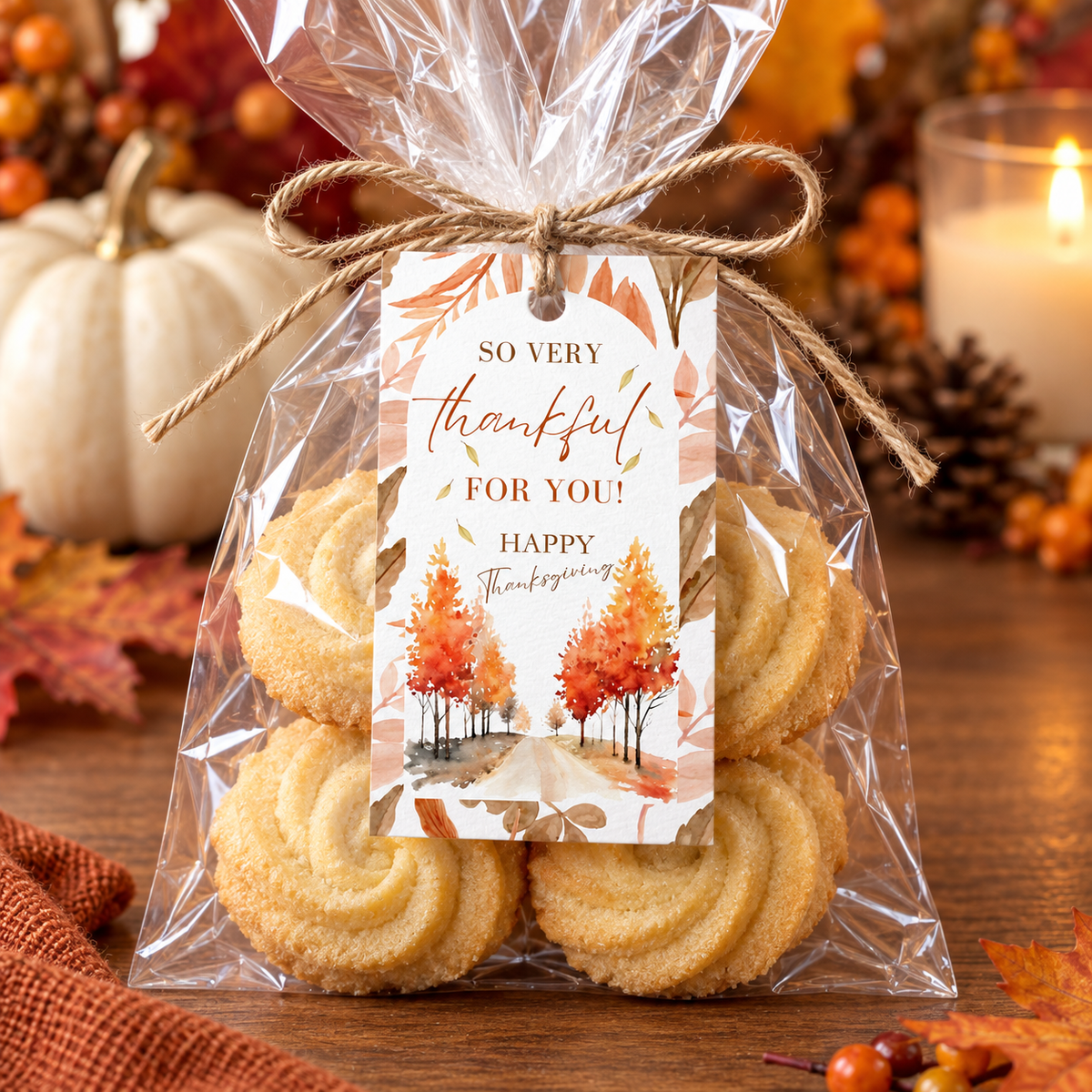 Printable Thanksgiving Favor Gift Tag Instant Download on a cookie gift package with autumn decorations.
