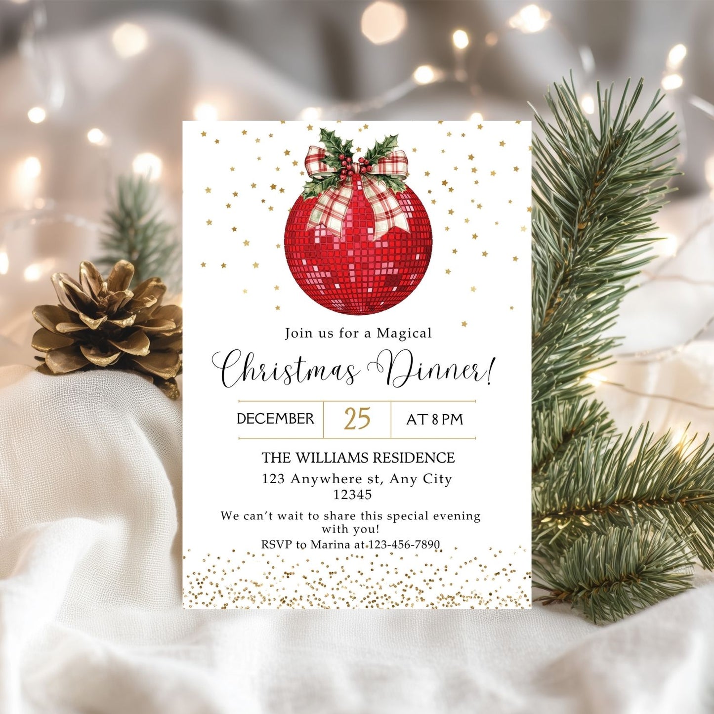 Red Disco Ball Christmas dinner invitation card with red ornament and pine branches on a festive background