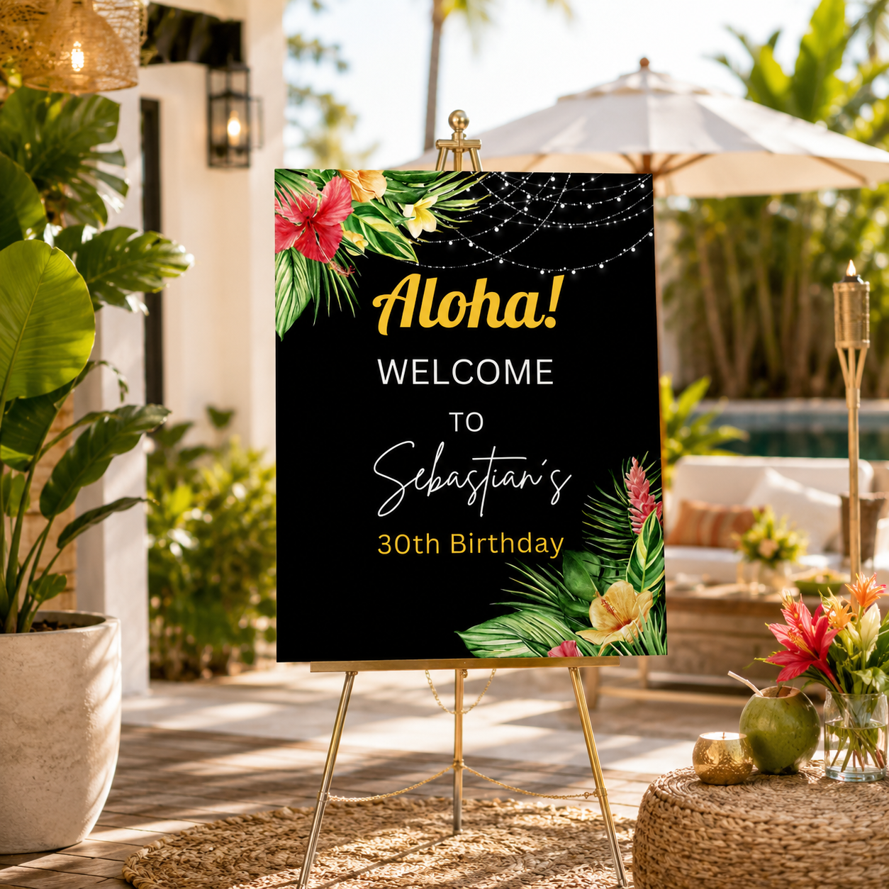 Editable Tropical Aloha Hawaiian Birthday Welcome Sign displayed at a tropical venue for a birthday celebration.