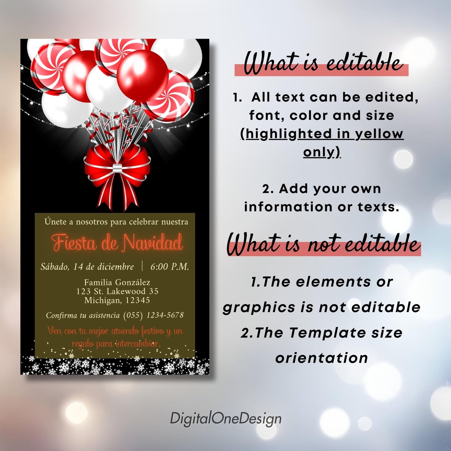  Editable Spanish Red White Candy Cane Balloons Christmas Invitation