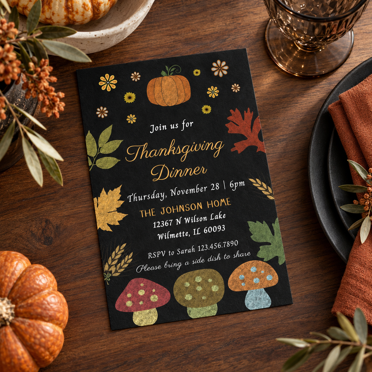 Editable Rustic Fall Dinner Party Invitation Template featuring autumn colors and festive illustrations for Thanksgiving dinner.