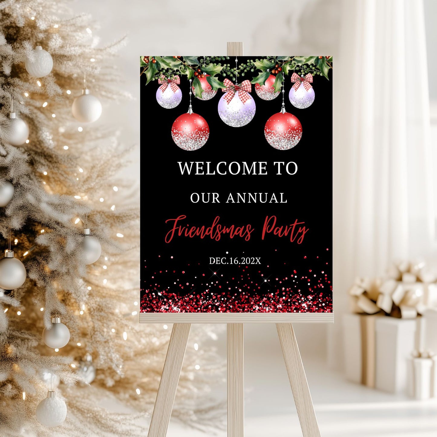 Editable Red Silver Ornaments Welcome sign template
