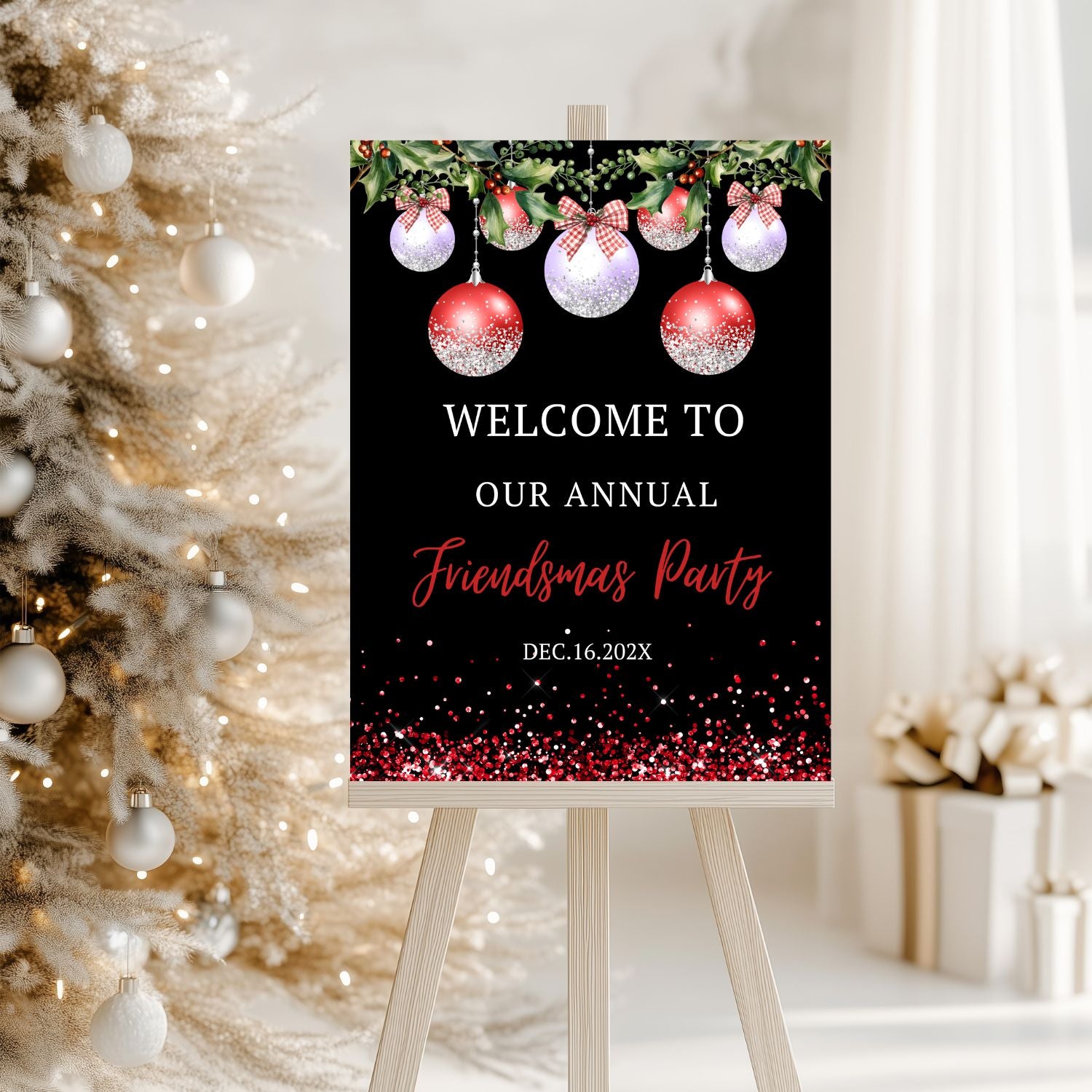 Editable Red Silver Ornaments Welcome sign template