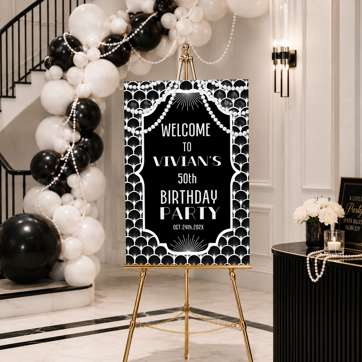 Black and White Gatsby Party Welcome Sign displayed at a stylish indoor venue for Vivian's 50th Birthday Party.