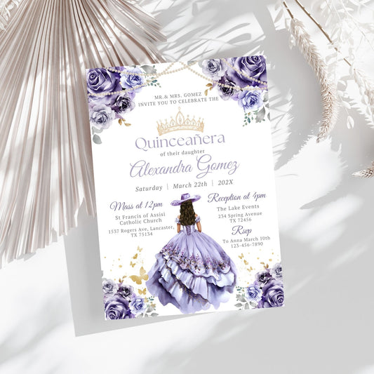Quinceanera invitation with purple floral design and purple text on a white background