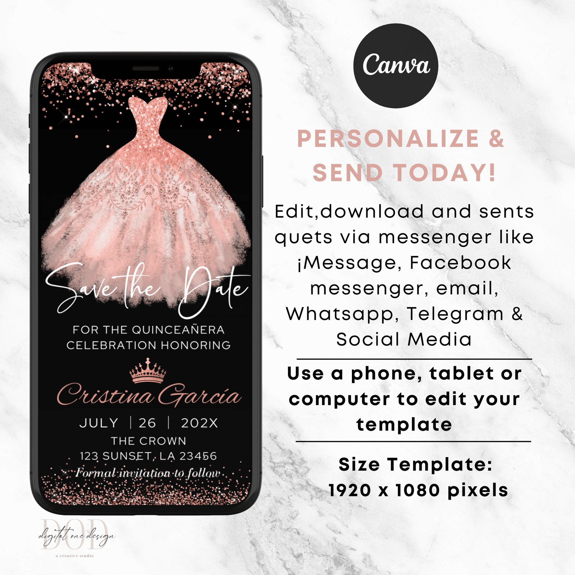 Editable Rose Gold Princess Quinceanera Invitation
