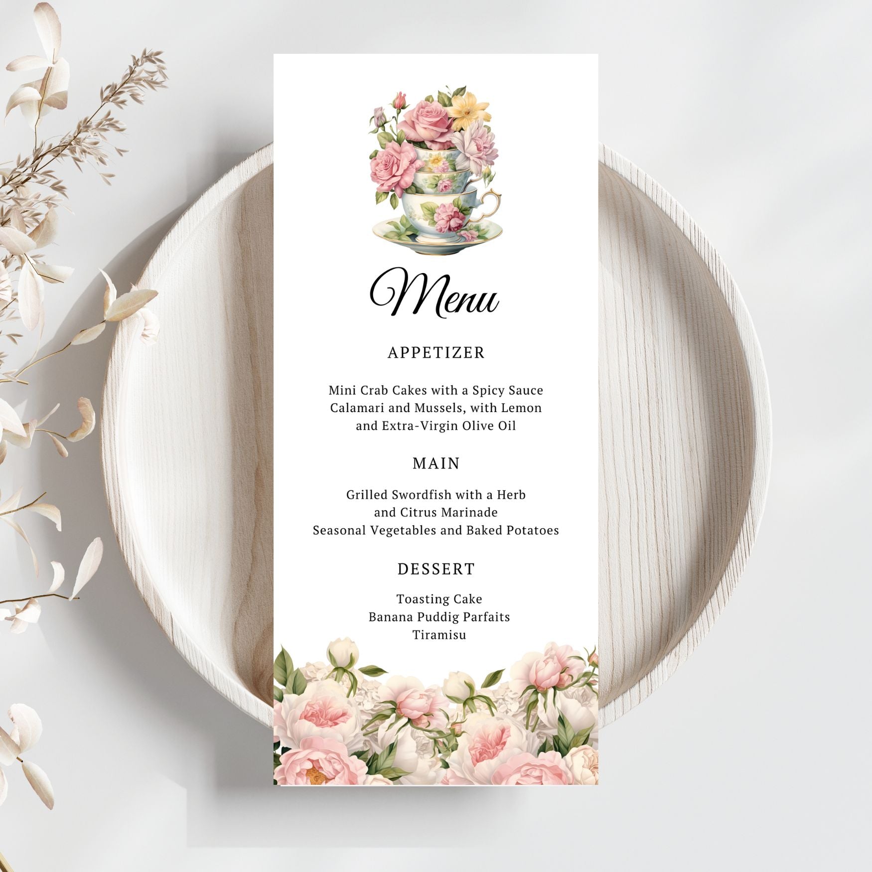 Tea cup Menu card with floral design on a white plate