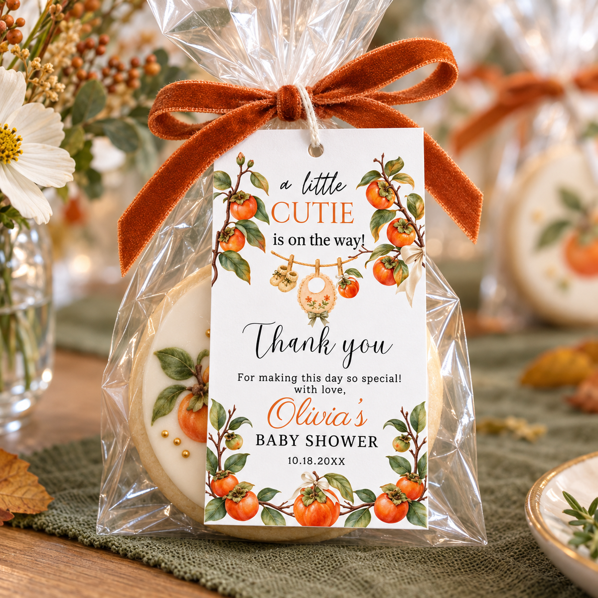 A Little Cutie Persimmon Baby Shower Thank You Gift Tag on cookie favor for baby shower with persimmons and greenery.