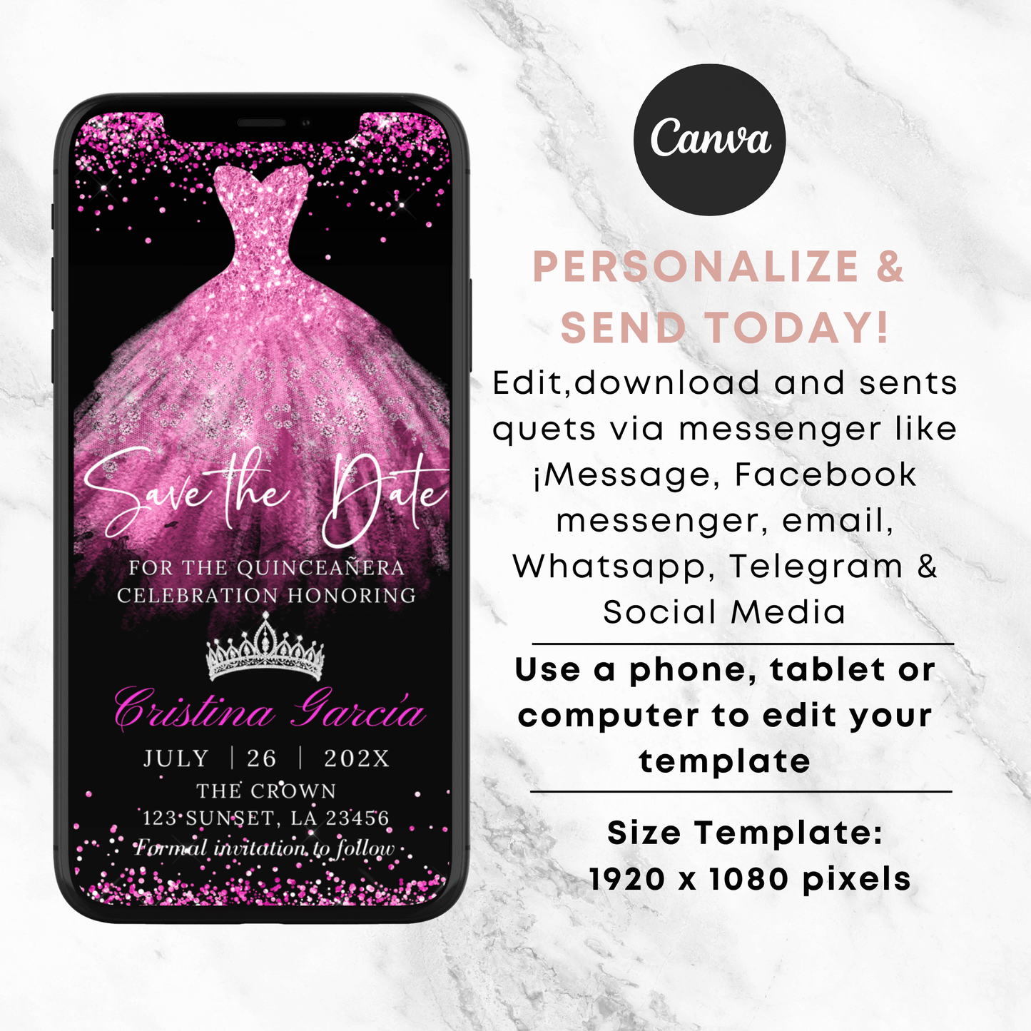 Personalize Quinceanera Save the date Invite Template