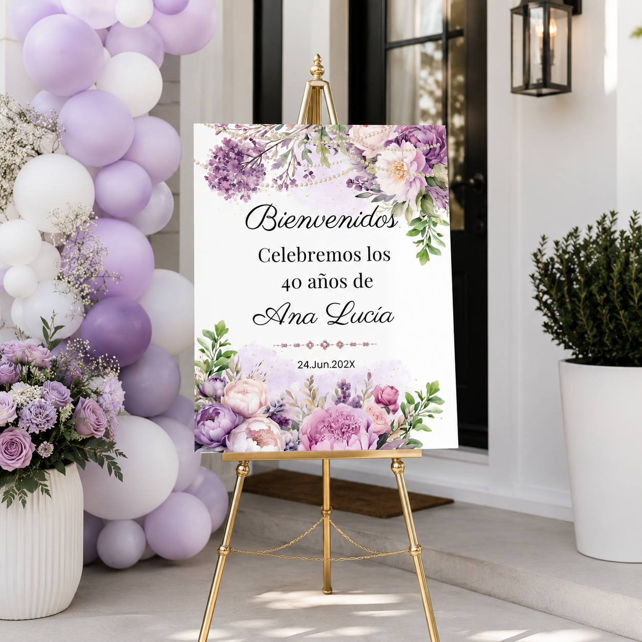 Elegant Spanish Welcome Sign with Purple Florals & Pearls displayed at a celebration entrance.
