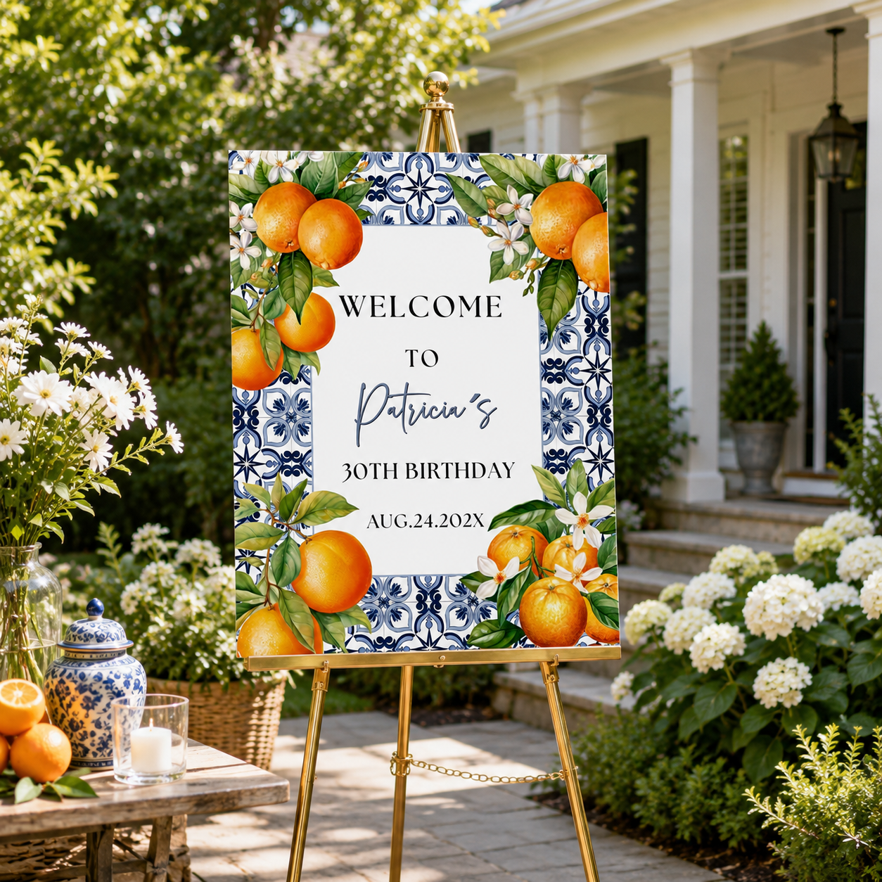 Mediterranean Citrus Birthday Welcome Sign Template featuring oranges and floral design for a special birthday celebration.