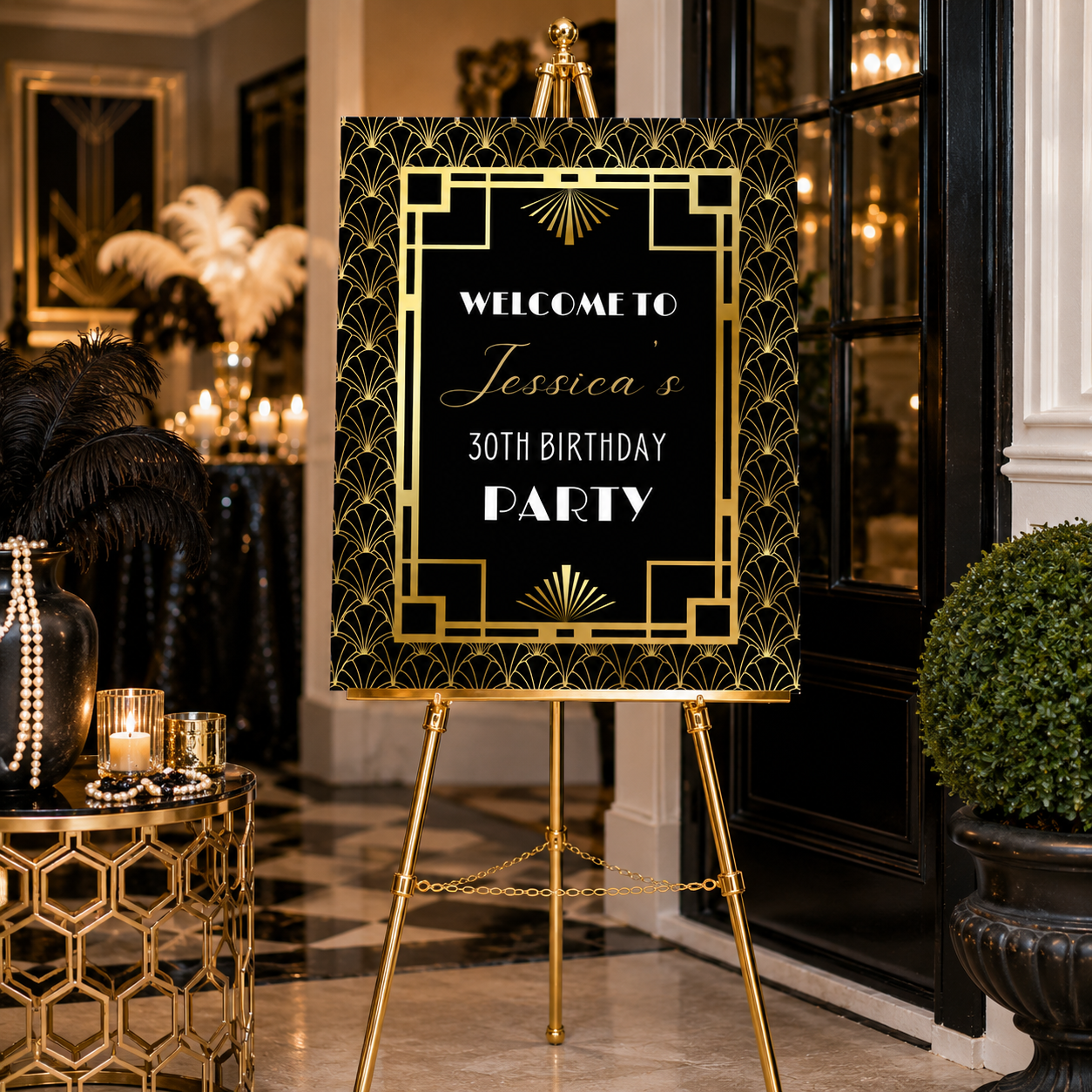 Art Deco Gatsby 1920's Birthday Party Welcome Sign displayed at a luxurious birthday celebration.