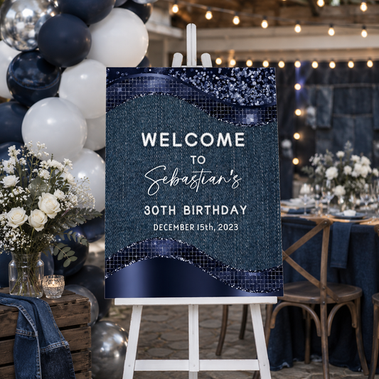 Editable Blue Denim Glitter Birthday Party Welcome Sign for Sebastian's 30th birthday on December 15th, 2023.