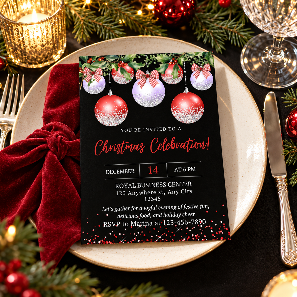 Red & Silver Ornaments Christmas Party Invitation on a festive table setting for holiday celebration.