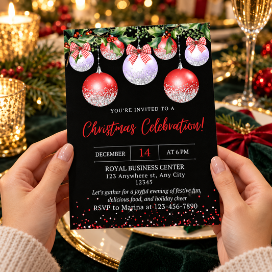 Red & Silver Ornaments Christmas Party Invitation featuring festive decorations and custom event details.
