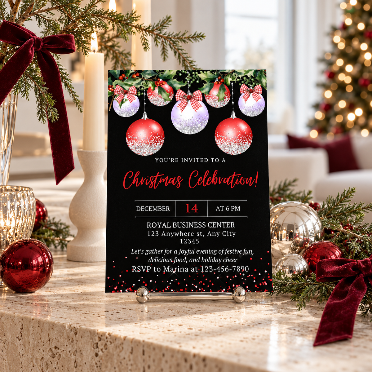 Red & Silver Ornaments Christmas Party Invitation featuring festive decorations and event details.
