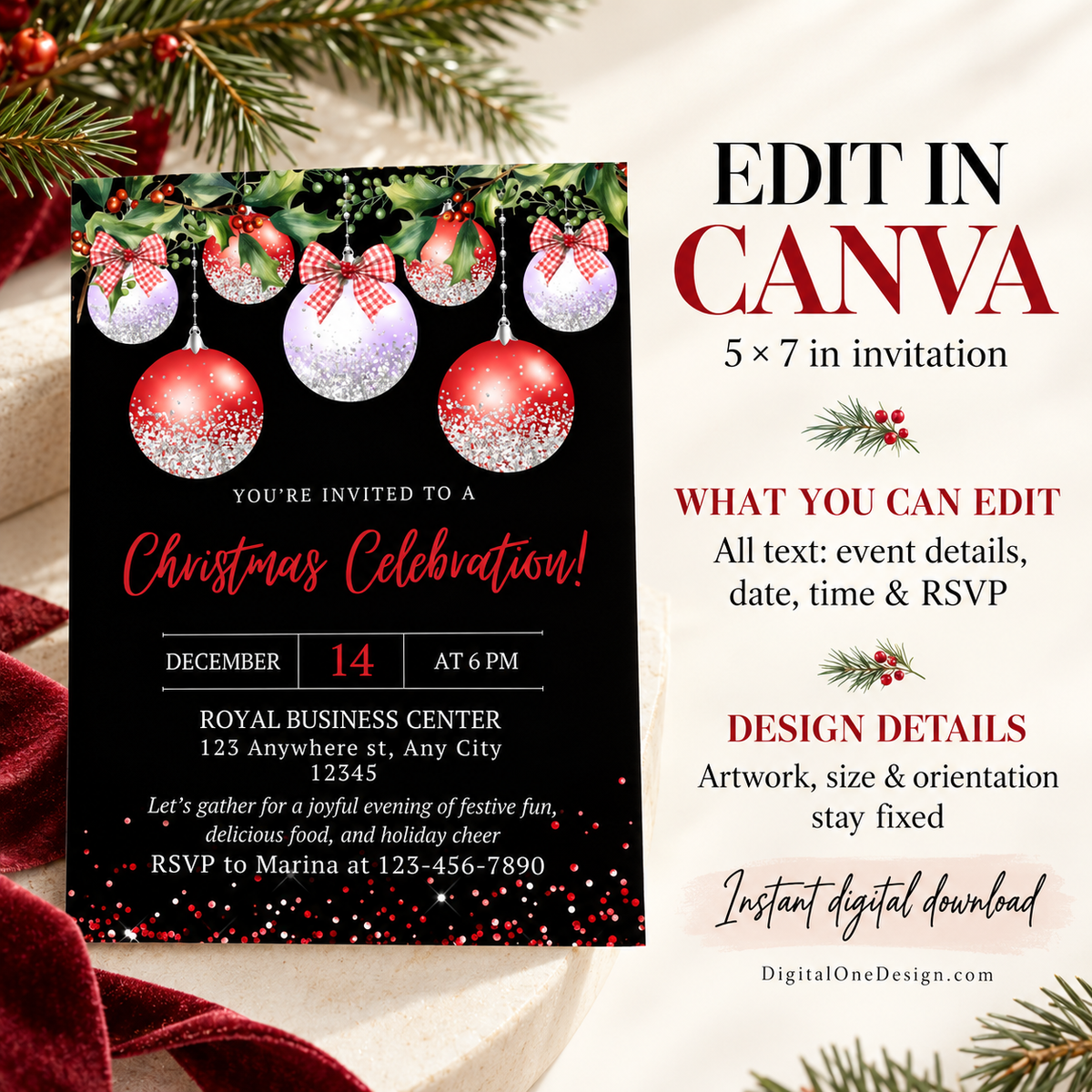 Red & Silver Ornaments Christmas Party Invitation with editable details for a festive celebration.