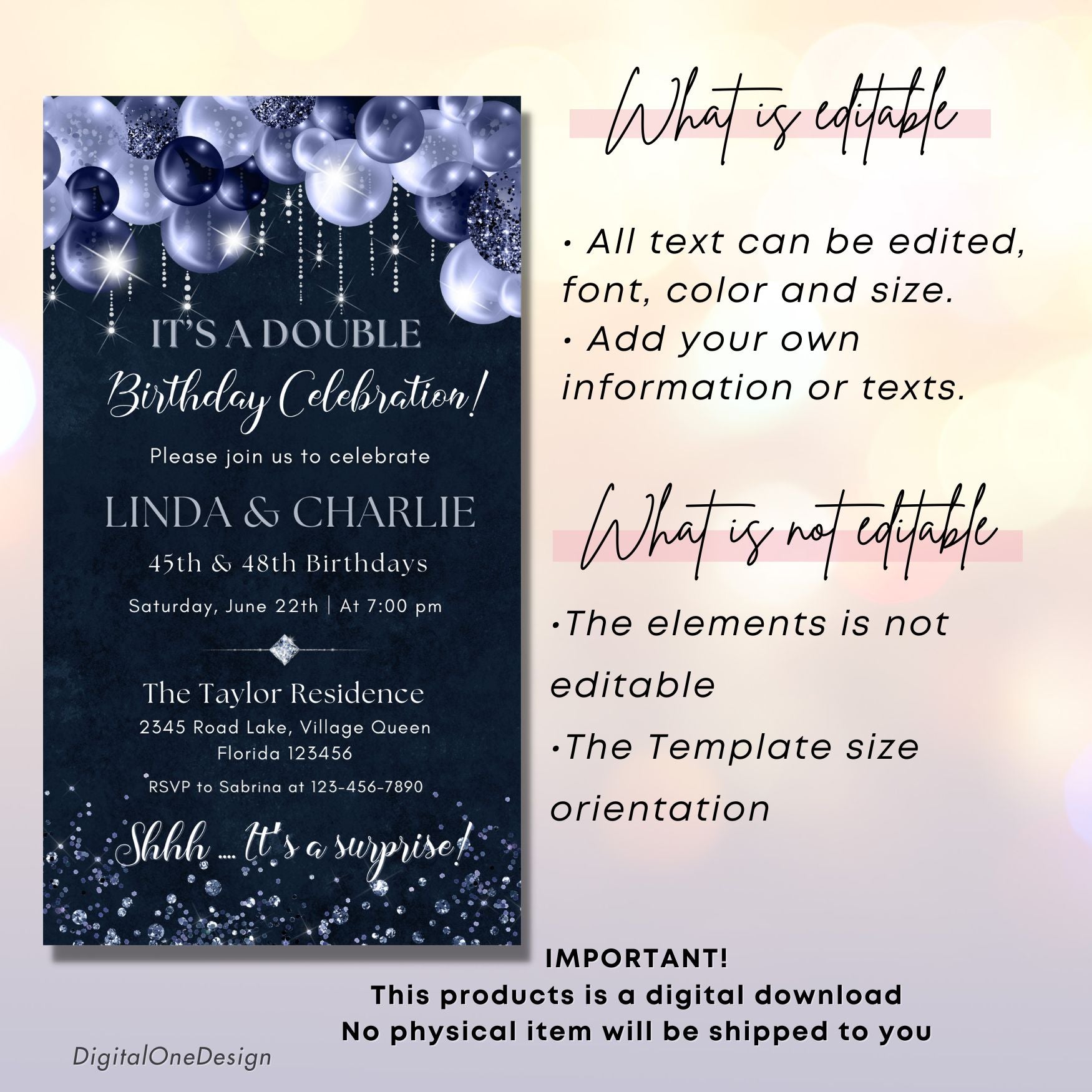 Navy Glitter Glam Double Birthday Invitation
