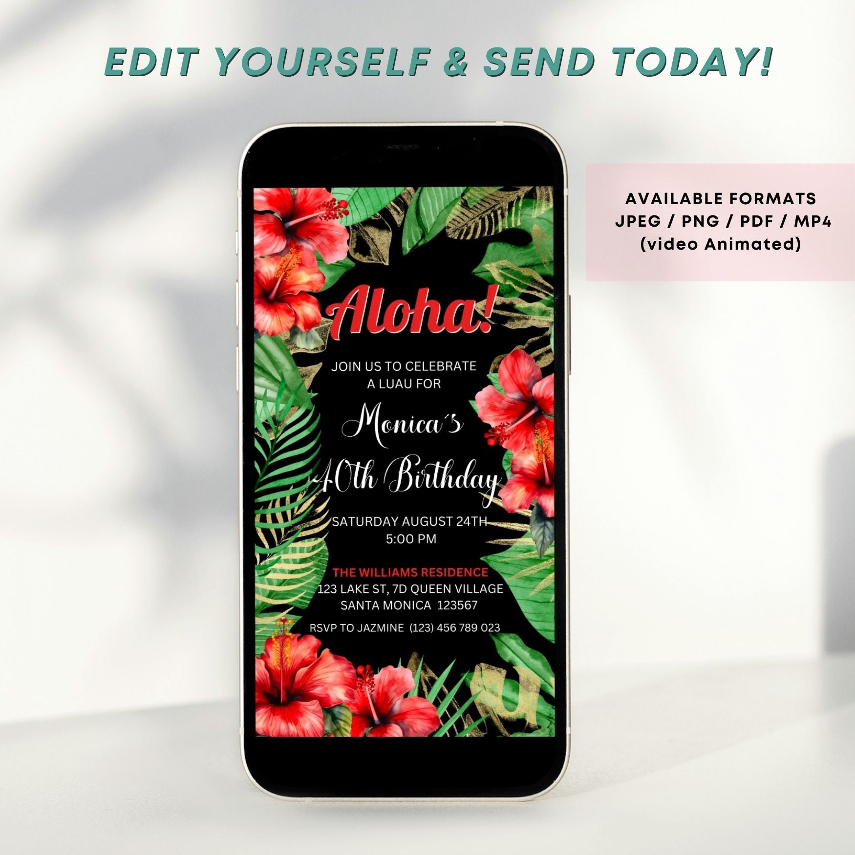 Digital Tropical Birthday Invitation with palm leaves and red hibiscus for a Hawaiian-themed party.