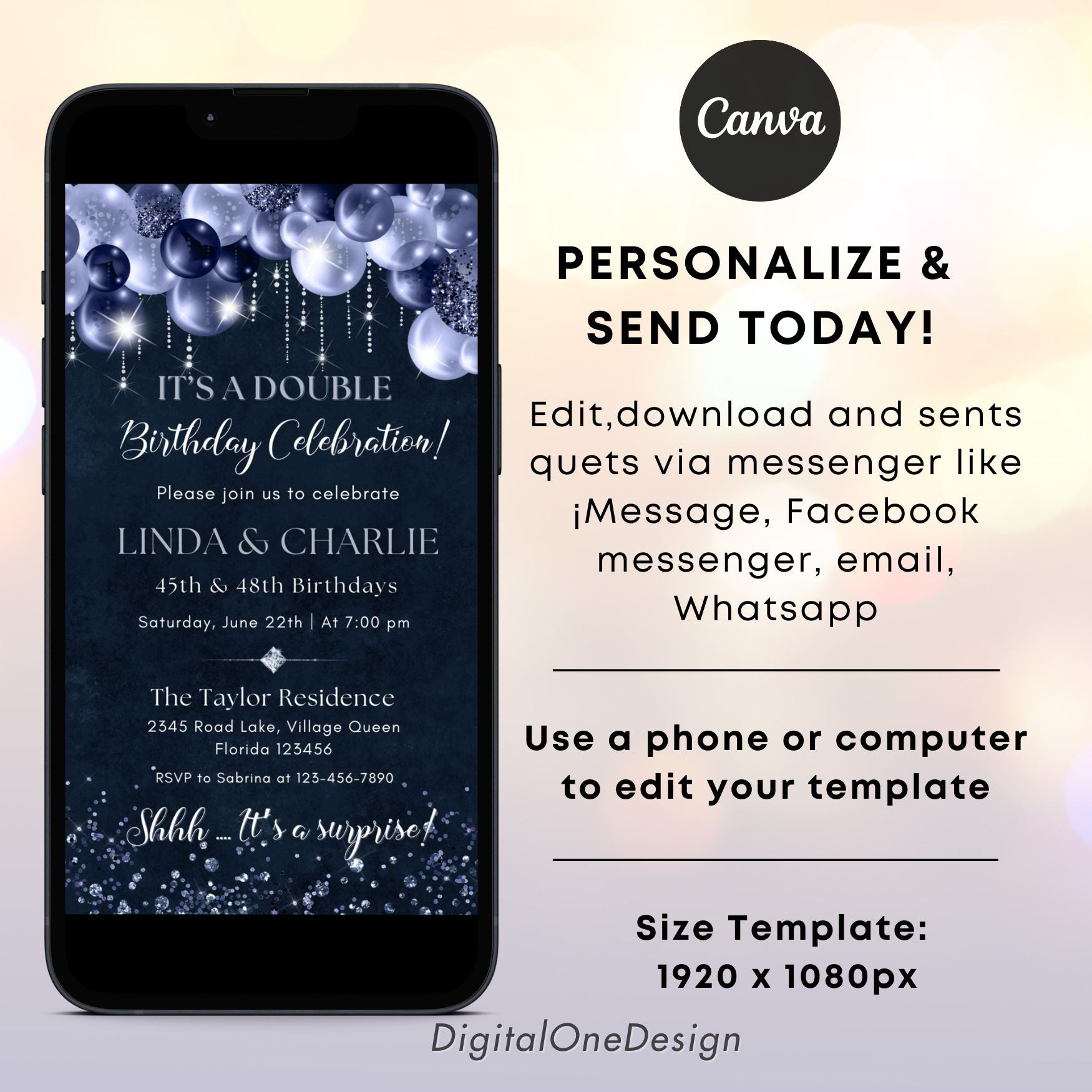 Navy Glitter Glam Double Birthday Invitation