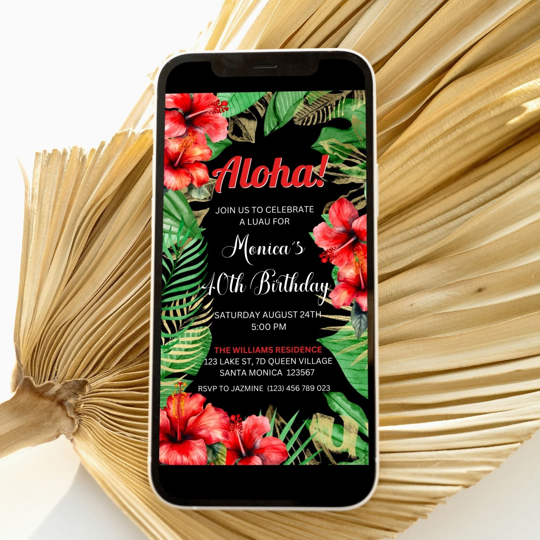 Digital Tropical Birthday Invitation with palm leaves and red hibiscus for Monica's 40th Luau Party.