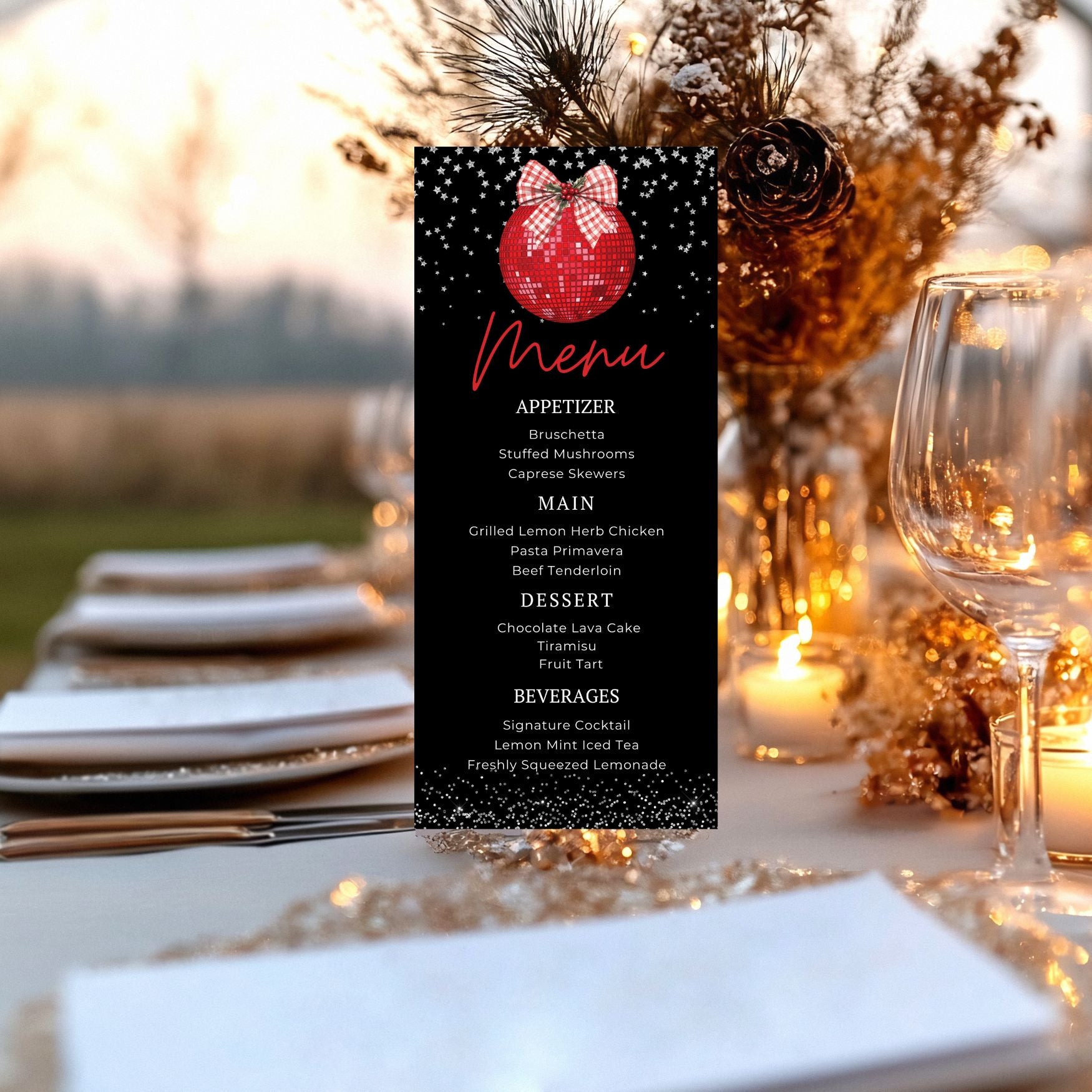 Christmas Disco Ball Menu card on a table with decorative elements and sunset background