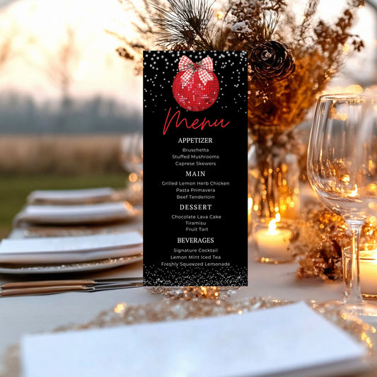 Christmas Disco Ball Menu card on a table with decorative elements and sunset background