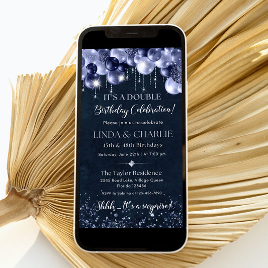 Navy Glitter Glam Double Birthday Invitation