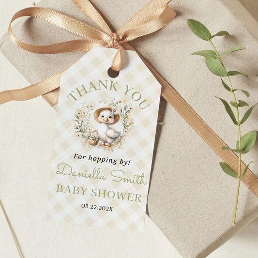 Goose Baby shower thank you tag with a teddy bear illustration on a beige background