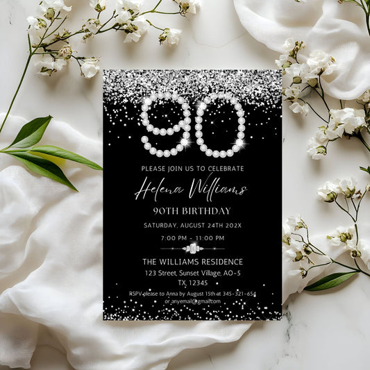 Elegant Silver Diamonds 90th Birthday Invitation