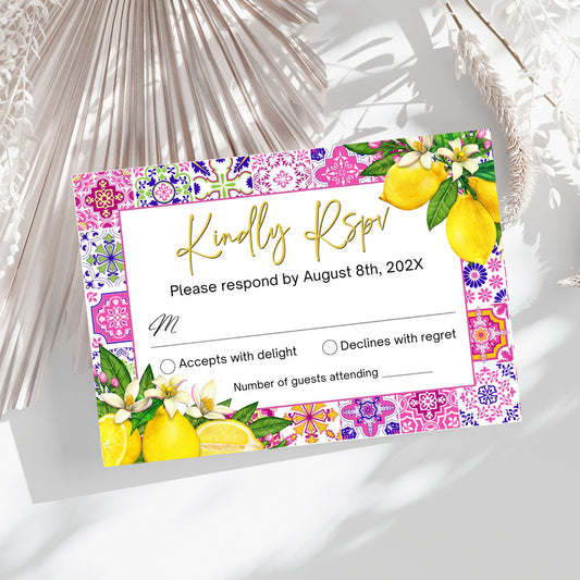 Decorative RSVP card with Pink Mediterranean floral and lemon design on a white background