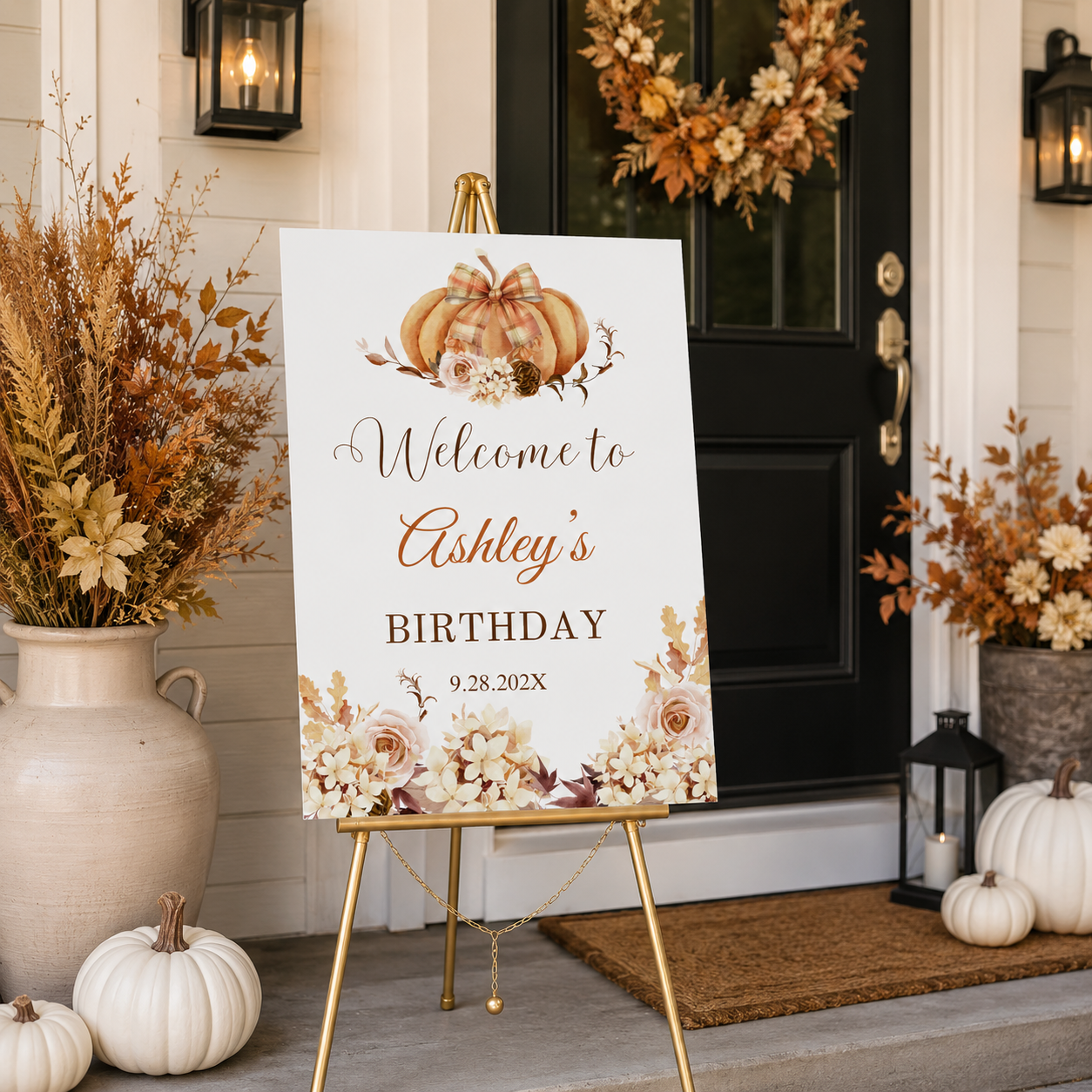 Editable Pumpkin & Floral Birthday Party Welcome Sign
